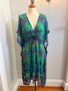 Raz from Anthropologie Embroidered Teal V-Neck Boho Cover Up